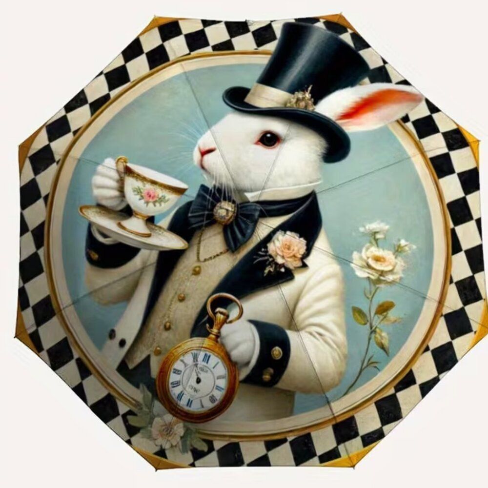 Wonderland Whimsy Steampunk Umbrella – Victorian White Rabbit Fantasy Parasol